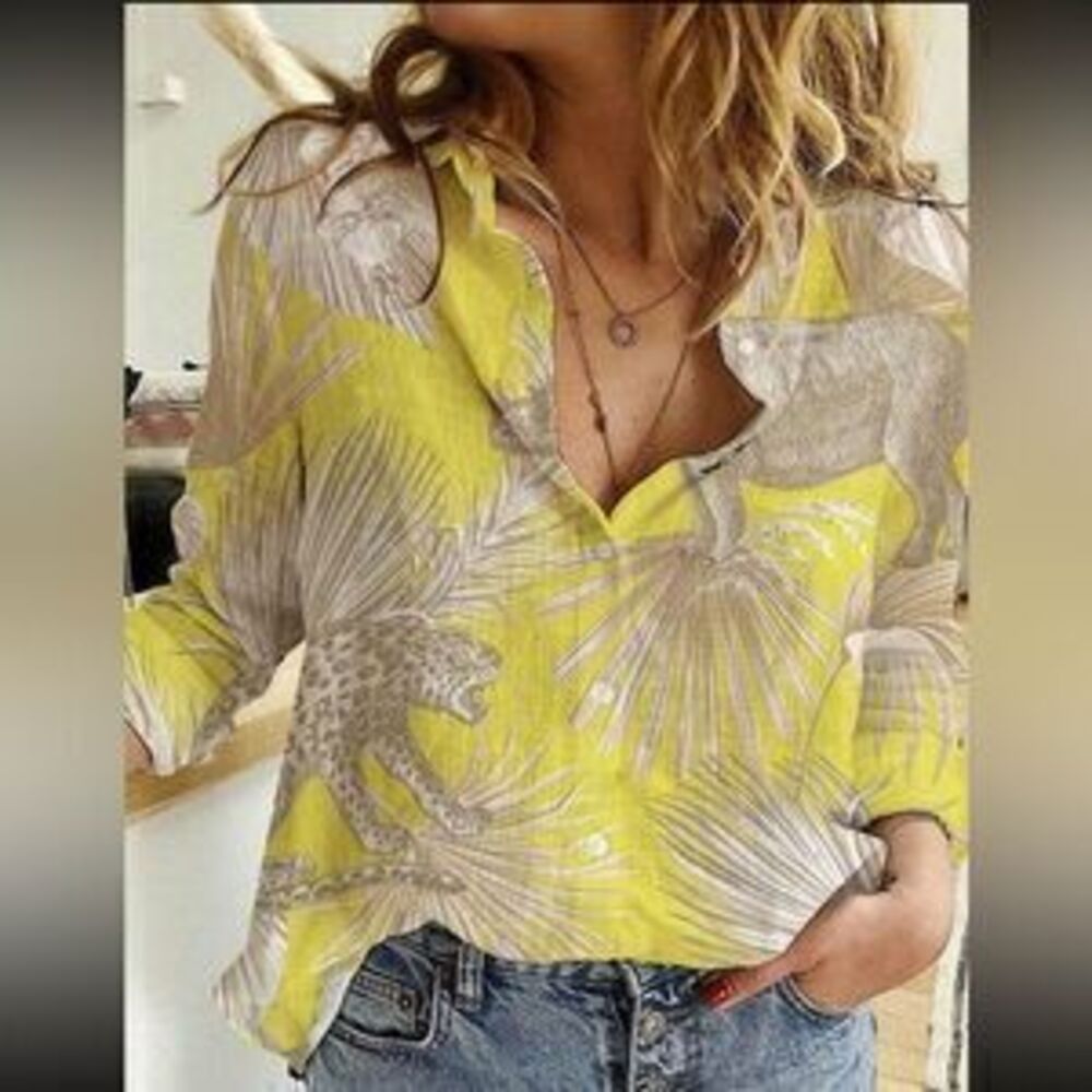 Boho Tropical Leopard Print Button down Shirt - Picture 1 of 2